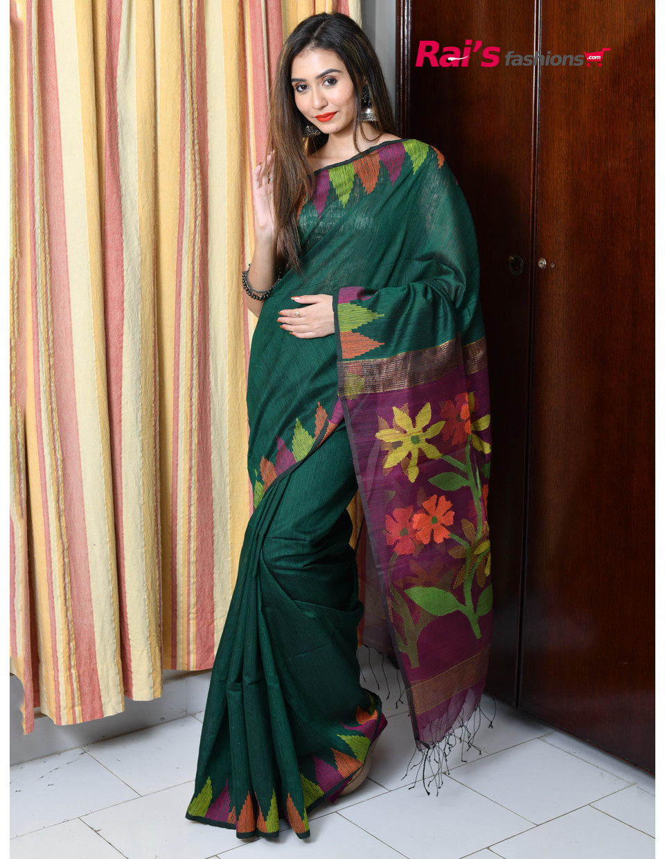 Pure Handloom Matka Silk Jamdani Saree With Multicolor Temple Pattern Border Design (KR147)